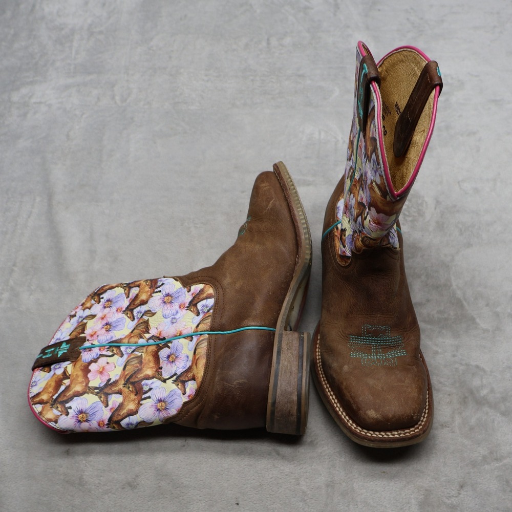 Tin Haul Girls 3 Cowboy Boots Brown Horse Floral Leather Square Toe Handmade
